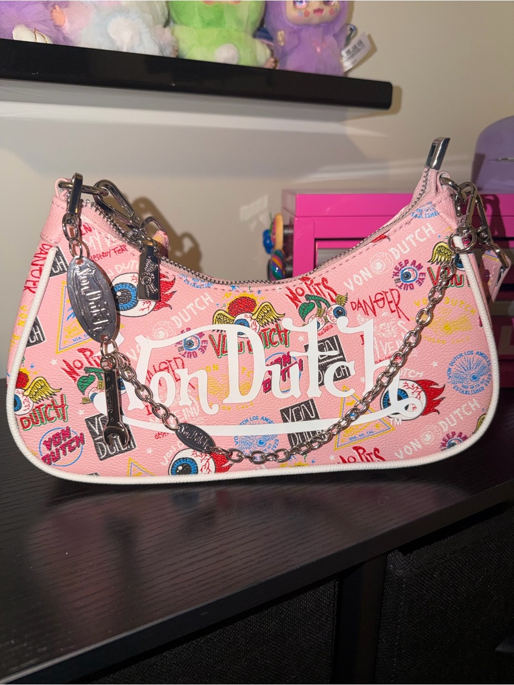 Von Dutch Pink Printed Shoulder Bag with Chain